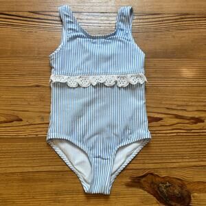 Crown & Ivy blue white striped lace scalloped accents one piece swimsuit SIZE 5